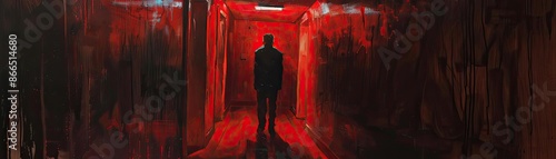Man in silhouette standing in dark, eerie corridor illuminated by intense red lights, creating a mysterious and dramatic atmosphere.