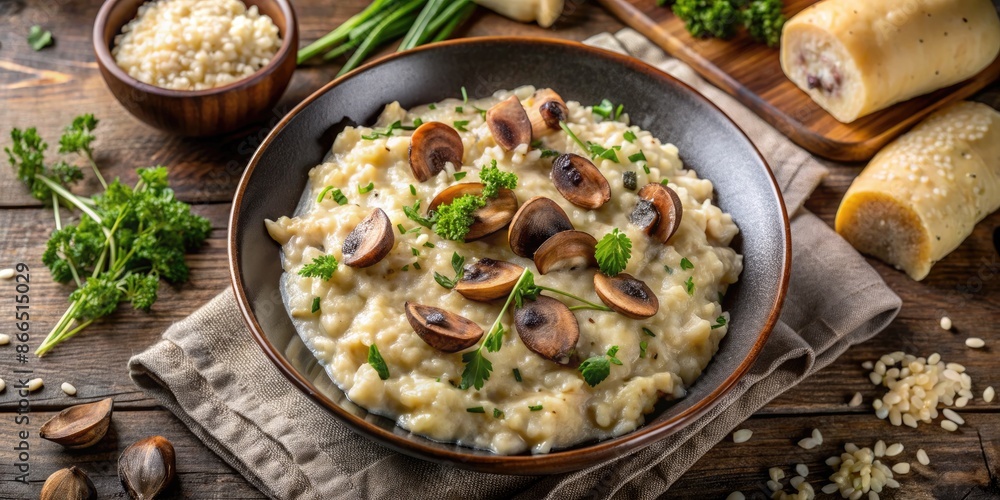 Creamy mushroom risotto garnished with fresh herbs. Creamy mushroom risotto garnished with fresh herbs.