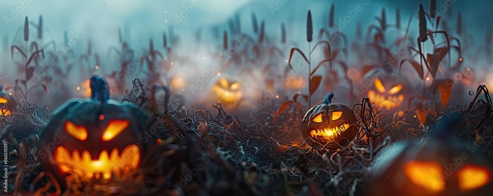 Spooky Halloween pumpkin field with glowing jack-o'-lanterns and foggy atmosphere, creating a haunting and eerie scene. Spooky Halloween pumpkin field with glowing jack-o'-lanterns and foggy atmosphere, creating a haunting and eerie scene.