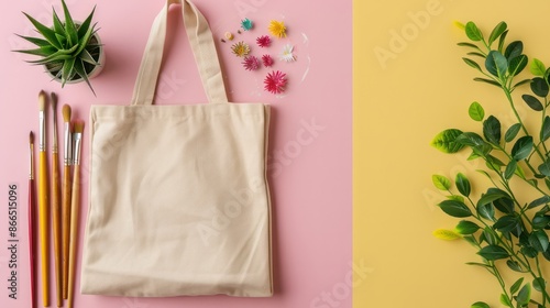 Wallpaper Mural A white canvas bag sits on a pink background with a green leafy plant in the foreground. The bag is empty and ready to be filled with art supplies Torontodigital.ca