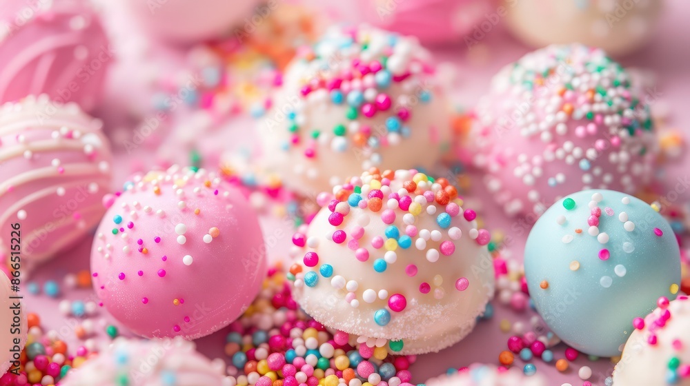 A bunch of colorful candies with sprinkles on top. The candies are pink, white, and blue A bunch of colorful candies with sprinkles on top. The candies are pink, white, and blue