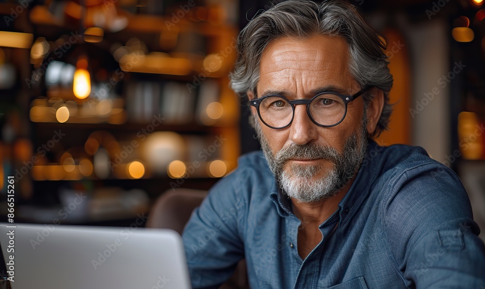 Ambitious mid-aged entrepreneur in smart casual, with framed glasses, sits in a modern office using a laptop, staring intently at the screen. Copy space available. Ambitious mid-aged entrepreneur in smart casual, with framed glasses, sits in a modern office using a laptop, staring intently at the screen. Copy space available.
