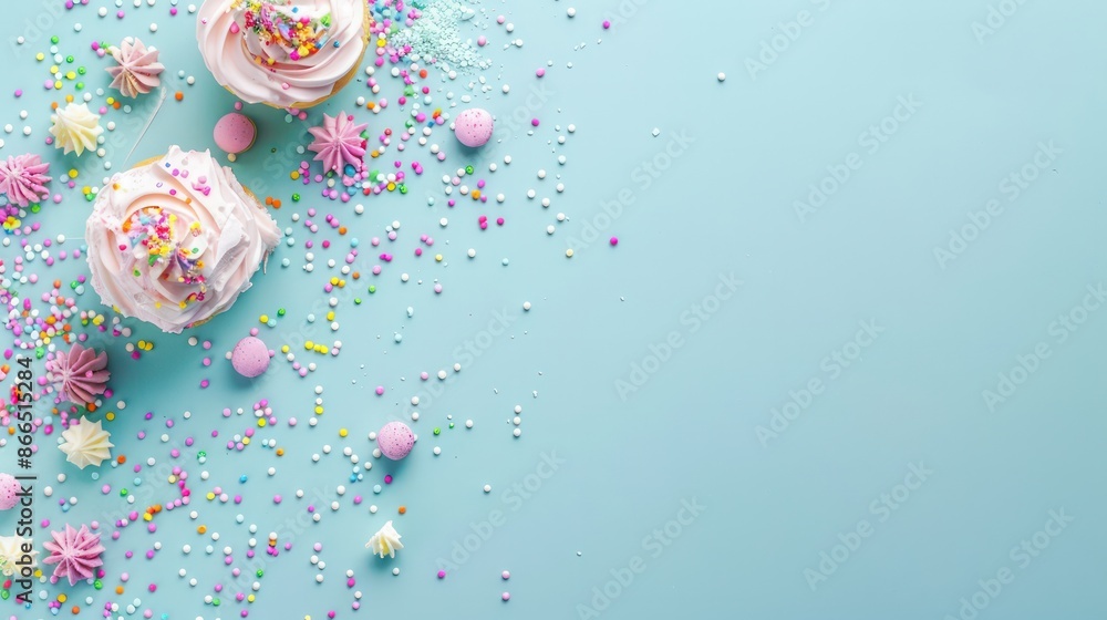 A blue background with two cupcakes with sprinkles on top. The sprinkles are in various colors and are scattered around the cupcakes A blue background with two cupcakes with sprinkles on top. The sprinkles are in various colors and are scattered around the cupcakes