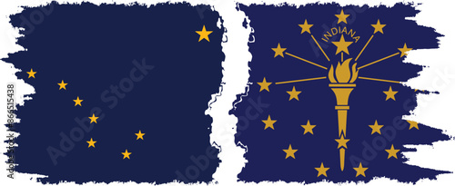 Indiana and Alaska states grunge brush flags connection vector