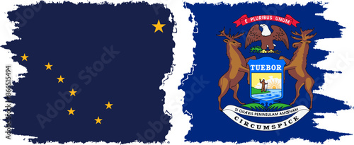 Michigan and Alaska states grunge brush flags connection vector