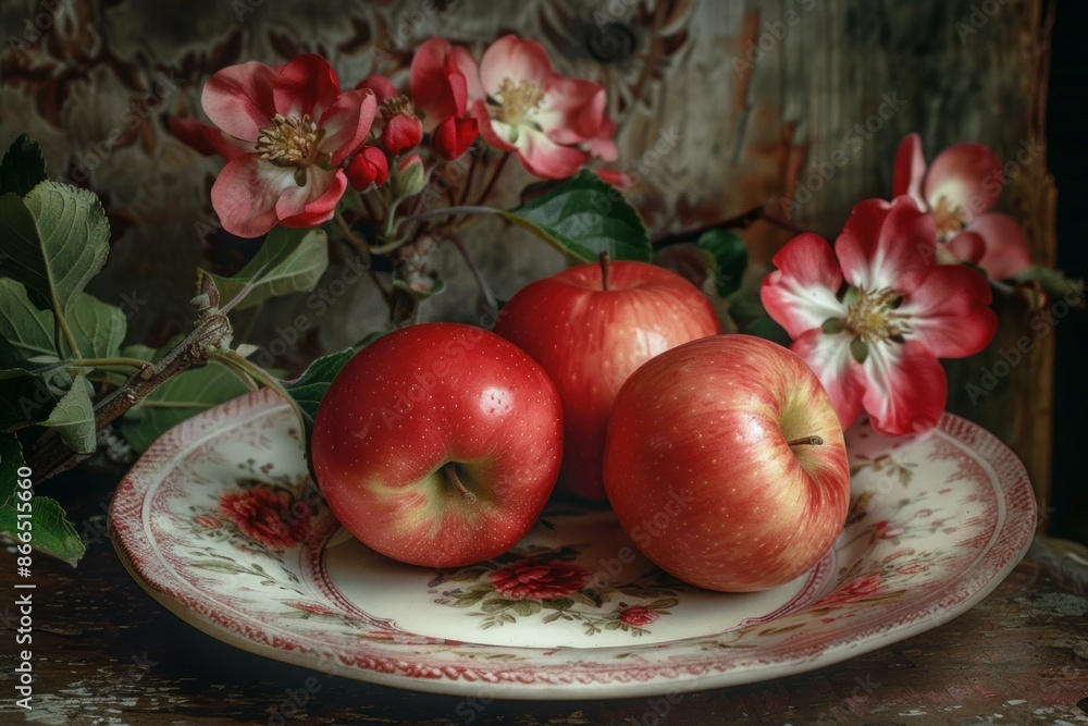 Fresh red apples paired with delicate pink blossoms on a vintage floral plate Fresh red apples paired with delicate pink blossoms on a vintage floral plate
