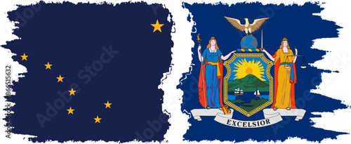 New York and Alaska states grunge brush flags connection vector