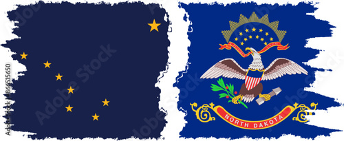 North Dakota and Alaska states grunge brush flags connection vector