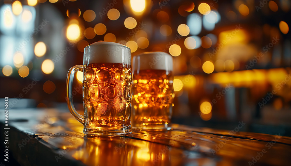Two glasses of beer ale and lager in the bar , beer day, beer festival, beer advertising Two glasses of beer ale and lager in the bar , beer day, beer festival, beer advertising