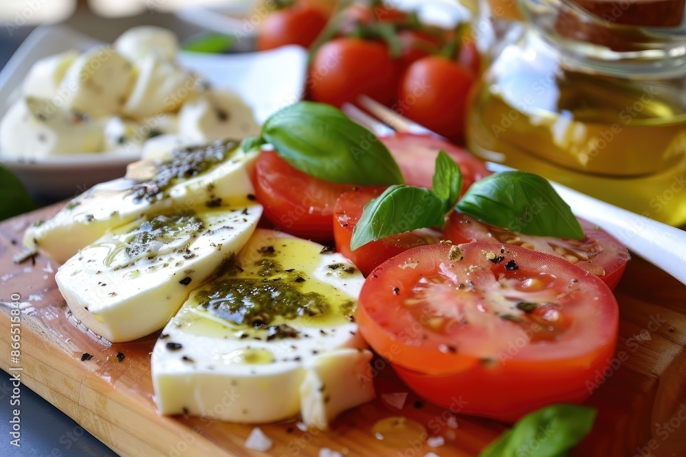 Fresh Caprese salad with ripe tomatoes, mozzarella cheese, basil leaves, and olive oil on a wooden board, perfect for healthy eating. Fresh Caprese salad with ripe tomatoes, mozzarella cheese, basil leaves, and olive oil on a wooden board, perfect for healthy eating.