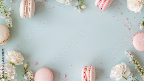 A blue background with a white flower and pink macarons. The macarons are arranged in a circle with some of them being larger than others photo