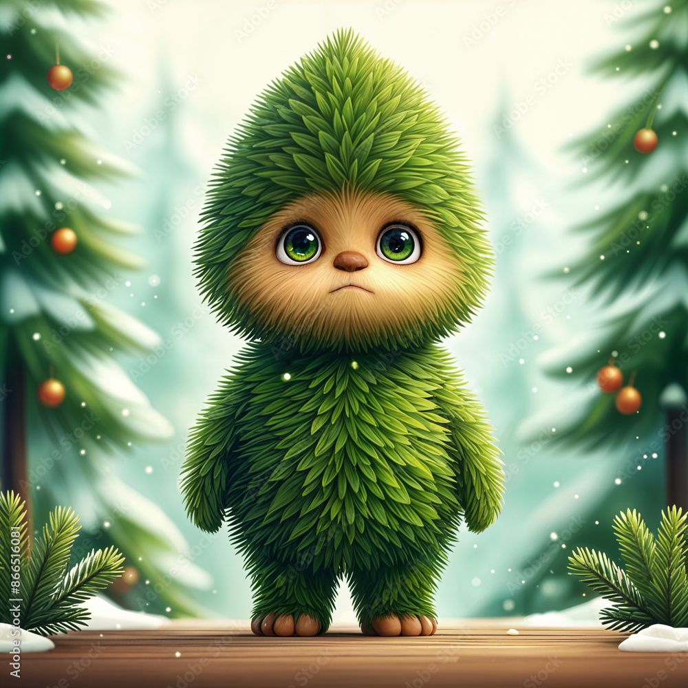 Cute, green, furry creature standing in the snow with pine trees and ornaments around it. Cute, green, furry creature standing in the snow with pine trees and ornaments around it.