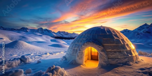 Illuminated igloo at sunset in a snowy landscape. photo