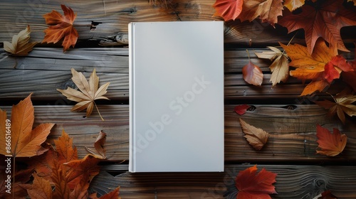 A white book is on a wooden table with autumn leaves scattered around it. The book is open to a blank page, and the leaves create a warm and cozy atmosphere. Concept of calm and relaxation