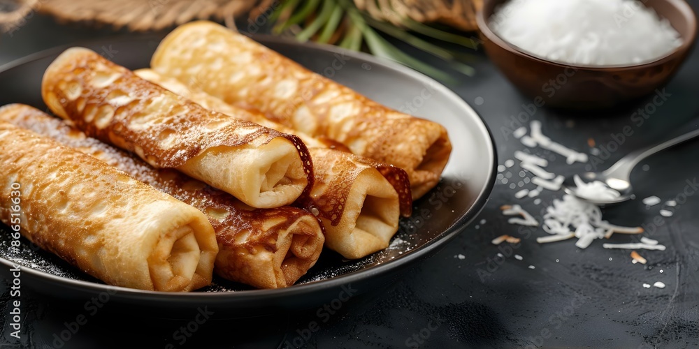 Indonesian and Malaysian Coconut and Palm Sugar Rolled Pancakes. Concept Indonesian cuisine, Malaysian delicacy, Coconut sugar, Palm sugar, Rolled pancakes Indonesian and Malaysian Coconut and Palm Sugar Rolled Pancakes. Concept Indonesian cuisine, Malaysian delicacy, Coconut sugar, Palm sugar, Rolled pancakes