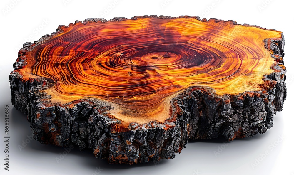 Freshly cut, smooth-surfaced brown tree stump slice with age rings from the forest, showcasing its intricate wood grain against a white background. Freshly cut, smooth-surfaced brown tree stump slice with age rings from the forest, showcasing its intricate wood grain against a white background.