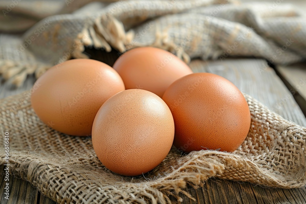 Closeup of three organic brown eggs on a coarse burlap cloth Closeup of three organic brown eggs on a coarse burlap cloth