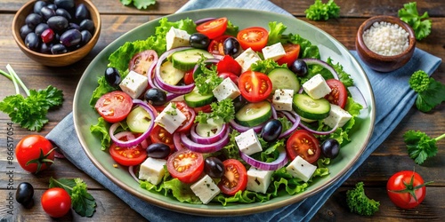 Colorful Greek salad with fresh vegetables and feta cheese. © tnihousestudio