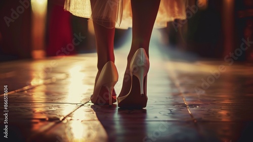 Elegant woman in white high heels walking down a dimly lit polished hallway