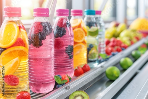 Refreshing Assortment of Fruit-Infused Water Bottles on Display