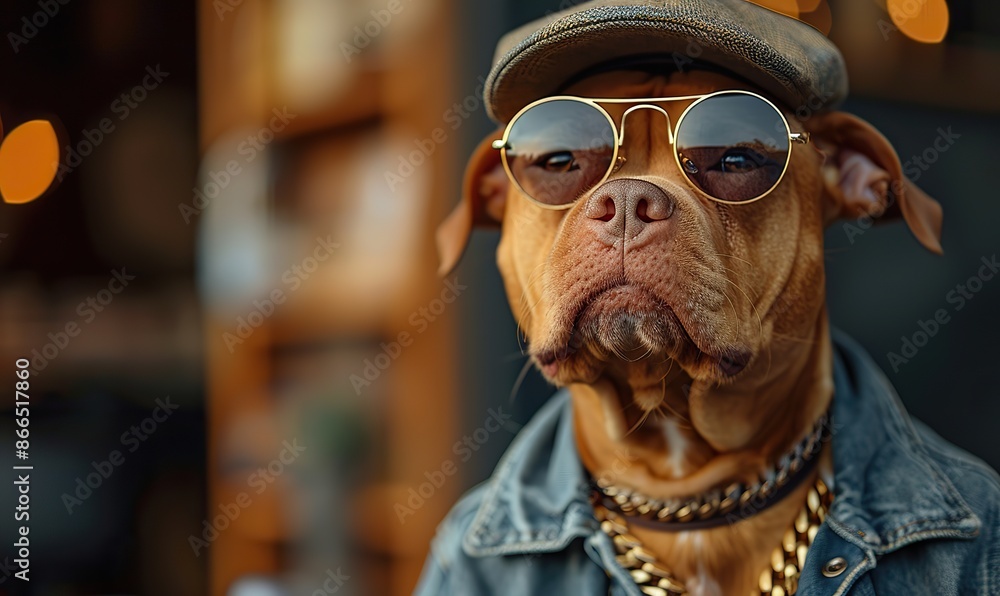 Hip hop dog, decked in cap, shades, and chain, poses on gray, flaunting style and attitude, inviting you to embrace its cool. Hip hop dog, decked in cap, shades, and chain, poses on gray, flaunting style and attitude, inviting you to embrace its cool.