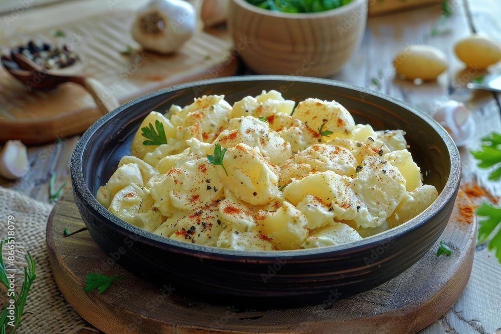 Delicious homemade potato salad in a rustic bowl garnished with parsley and spices, perfect for a wholesome meal or side dish. Delicious homemade potato salad in a rustic bowl garnished with parsley and spices, perfect for a wholesome meal or side dish.