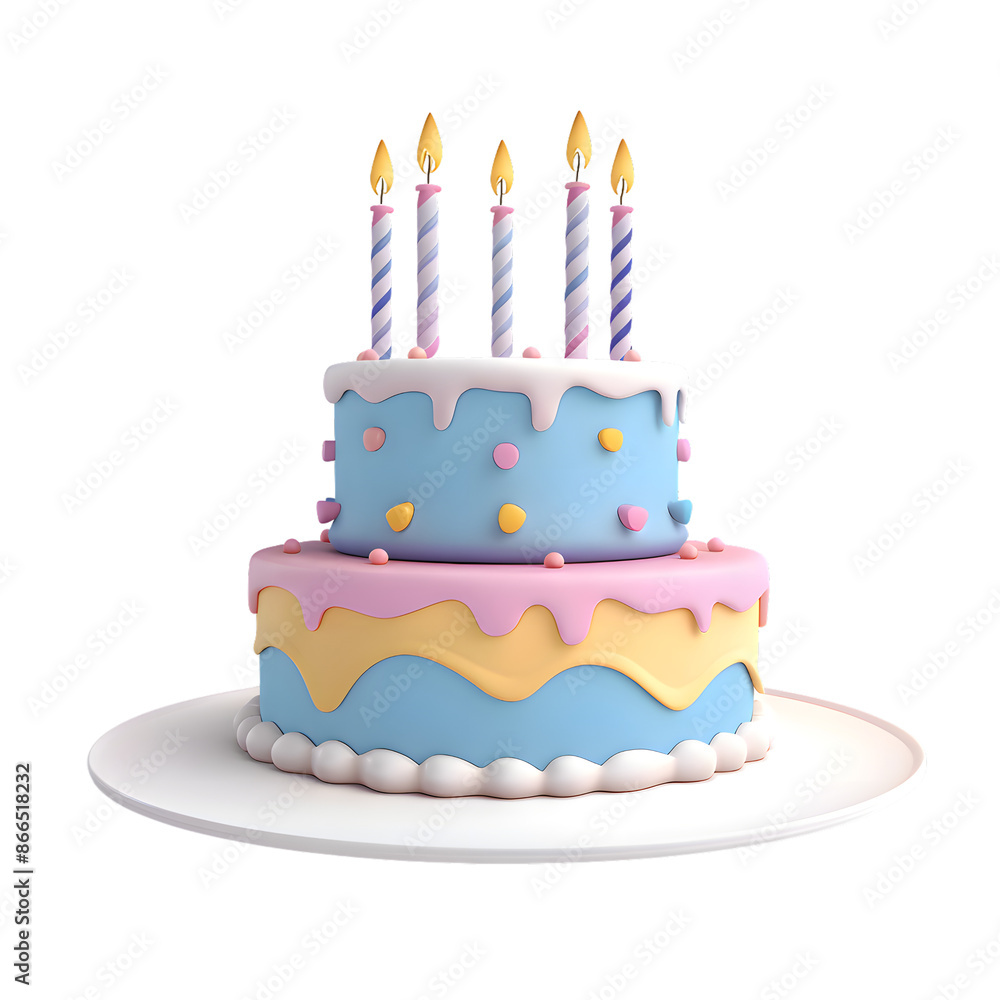 3d cartoon birthday cake with candles on white plate, isolated on transparent background 3d cartoon birthday cake with candles on white plate, isolated on transparent background