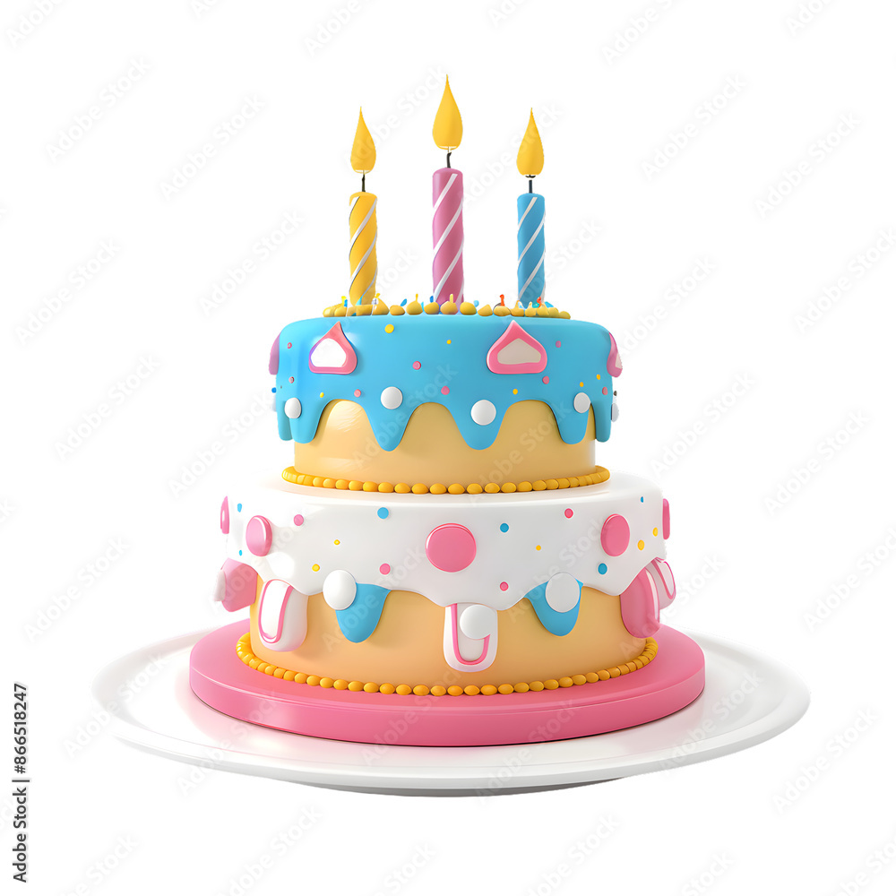 3d cartoon birthday cake with candles on white plate, isolated on transparent background 3d cartoon birthday cake with candles on white plate, isolated on transparent background