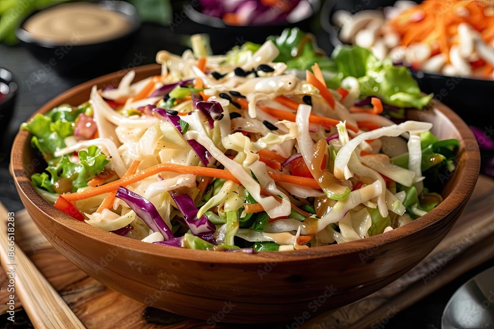 Colorful fresh vegetable salad in wooden bowl with dressing on side. Perfect for healthy eating and diet concepts. Colorful fresh vegetable salad in wooden bowl with dressing on side. Perfect for healthy eating and diet concepts.
