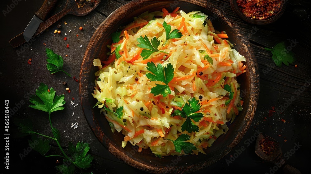 Fresh homemade coleslaw with shredded cabbage and carrots garnished with parsley in a rustic wooden bowl on a dark background. Fresh homemade coleslaw with shredded cabbage and carrots garnished with parsley in a rustic wooden bowl on a dark background.