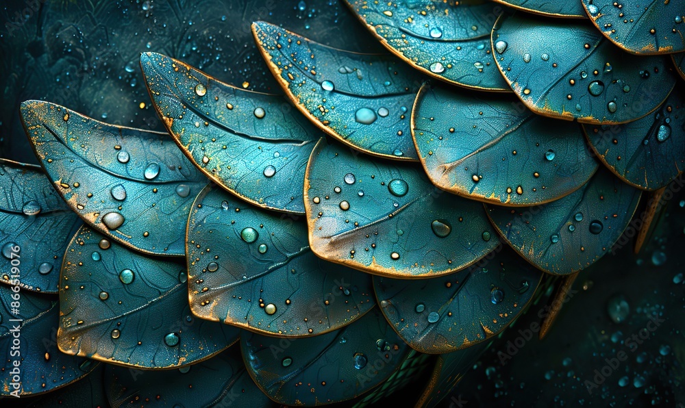 Fototapeta premium Enthralling fantasy backgrounds adorned with iridescent scales, reminiscent of a verdant forest dragon or shimmering mermaid, captivate with a kaleidoscope of green, blue, and metallic hues.