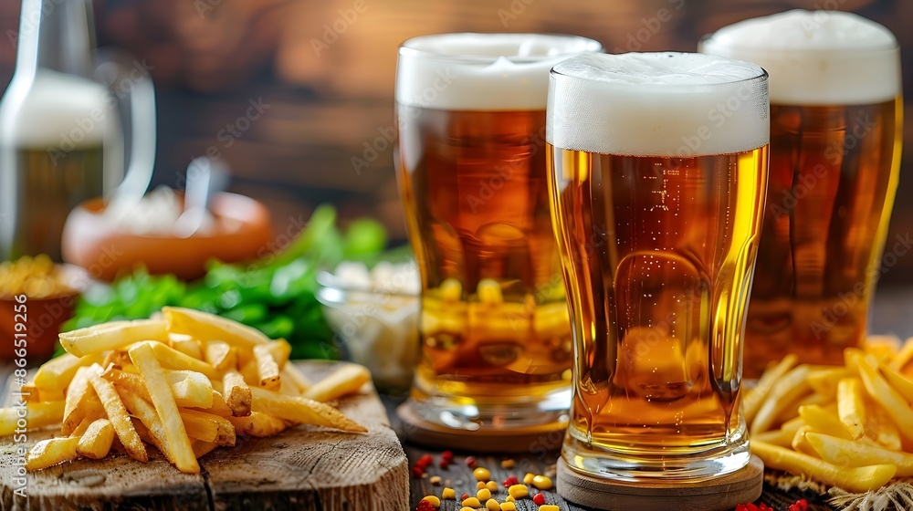 Glasses of Foaming Beer with Crisp Potato Fries on Rustic Wooden Table in Cozy Pub or Bar Setting Glasses of Foaming Beer with Crisp Potato Fries on Rustic Wooden Table in Cozy Pub or Bar Setting