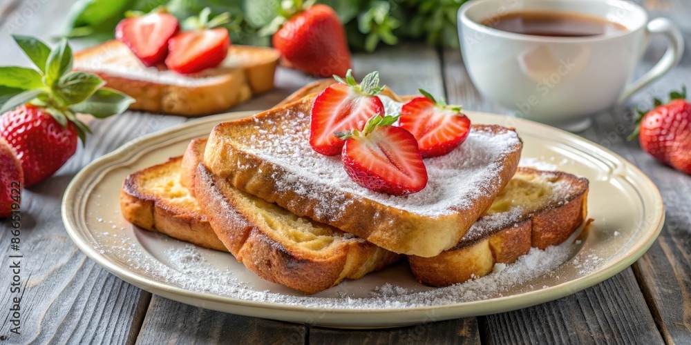 French toast topped with fresh strawberries and powdered sugar. French toast topped with fresh strawberries and powdered sugar.