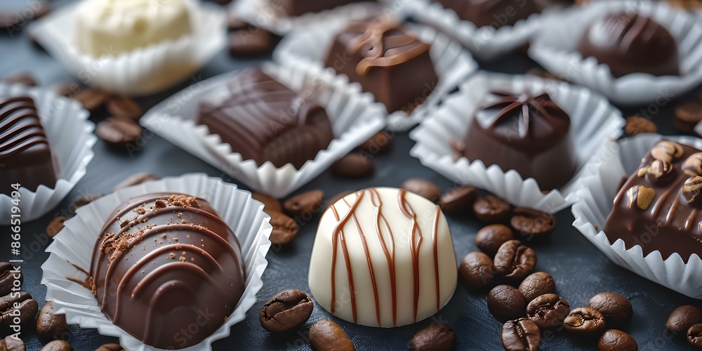 Assorted chocolate shapes in white paper packaging accompanied by coffee beans. Concept Chocolate Arrangement, Coffee Beans, White Packaging, Sweet Treats, Food Presentation Assorted chocolate shapes in white paper packaging accompanied by coffee beans. Concept Chocolate Arrangement, Coffee Beans, White Packaging, Sweet Treats, Food Presentation