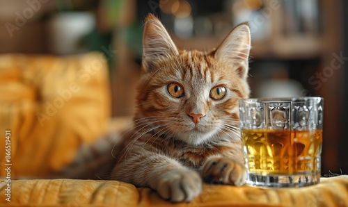 Whisky-wielding feline hero poses against a golden backdrop, leaving ample space for your message.