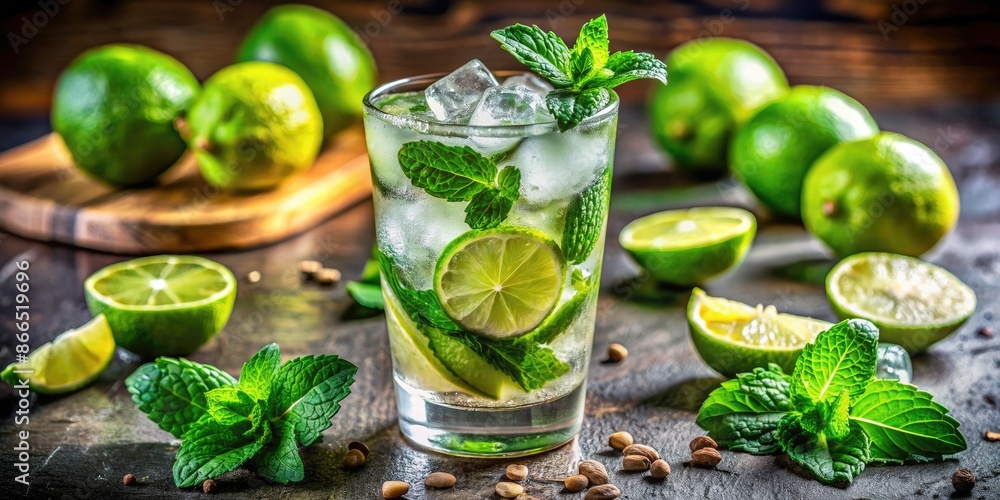 Fototapeta premium Fresh mojito with lime and mint on a wooden board.