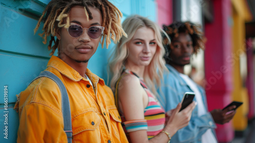 Stylish Young Multiracial Friends Posing with Smartphones on Colorful Urban Background. Generative ai
