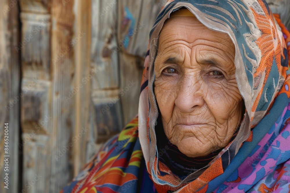Naklejka premium Closeup of a thoughtful elderly woman in colorful traditional attire, with a rustic background