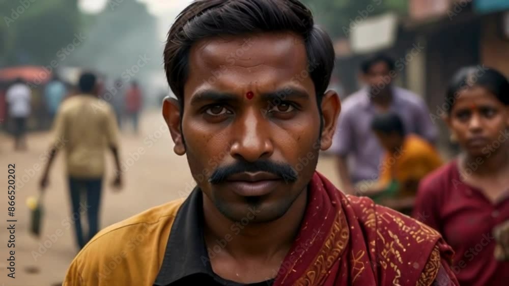 Portrait of an Indian Man With Red Mark on Forehead and a Blurred Group of Indian Women and Men Walking on Busy Street Portrait of an Indian Man With Red Mark on Forehead and a Blurred Group of Indian Women and Men Walking on Busy Street