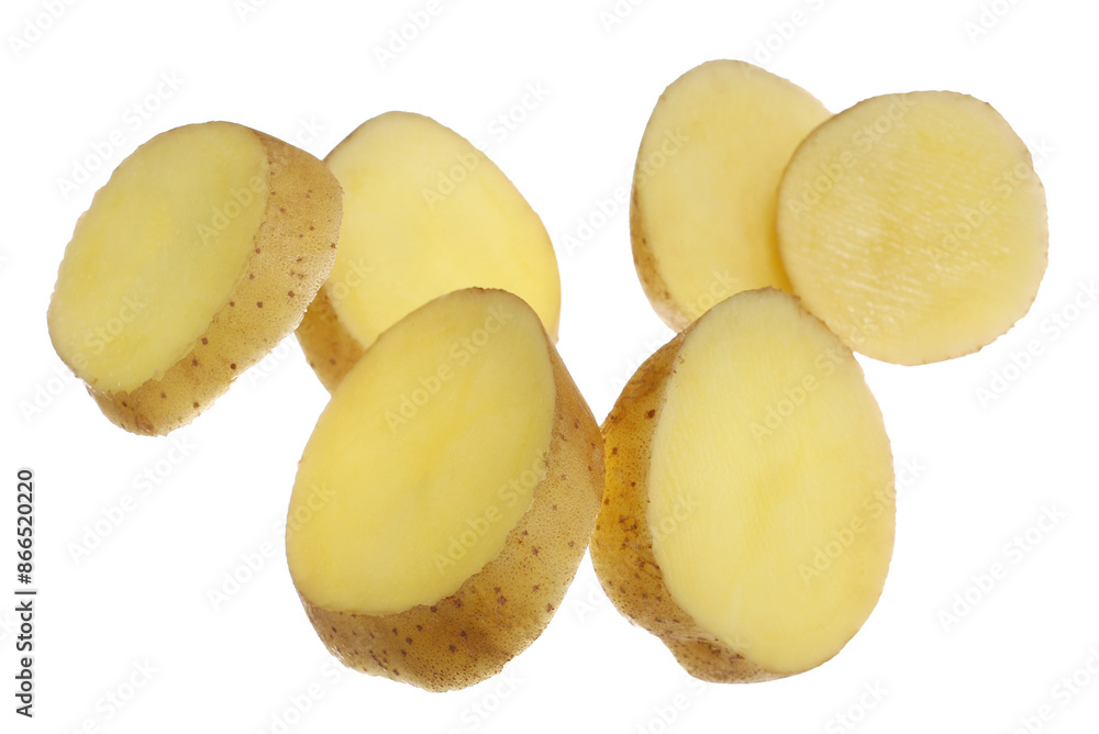 Fresh raw potato slices flying isolated on white, clipping path Fresh raw potato slices flying isolated on white, clipping path