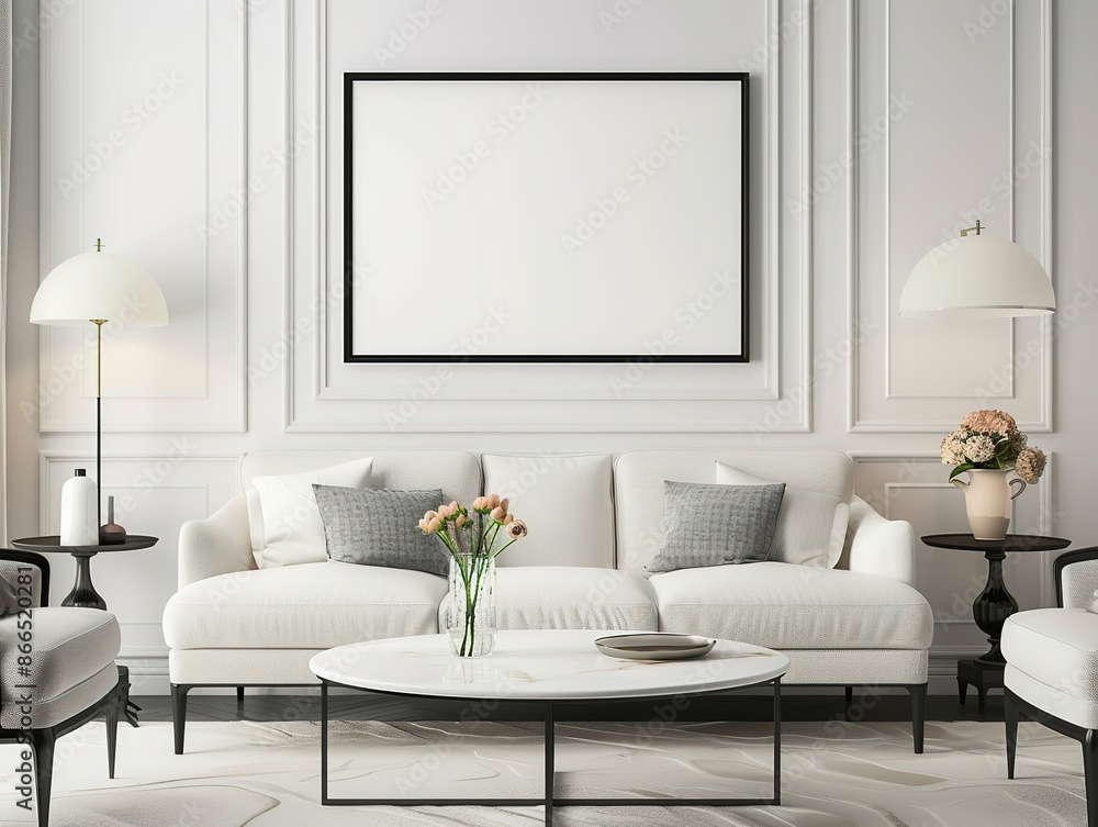 Fototapeta premium Empty frame mockup in contemporary living room with white sofa, black coffee table, and spring decor. Minimalist style with soft lighting for showcasing wall art. High resolution.&nbsp;