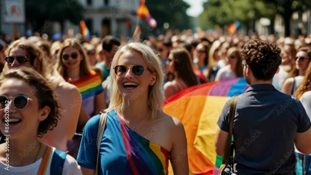 Woman Smiling and Holding Rainbow Flag in Pride Parade Crowd Woman Smiling and Holding Rainbow Flag in Pride Parade Crowd