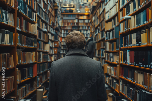 Young man with blonde hair explores vast library, surrounded by towering bookshelves. Concept of knowledge, learning, and intellectual curiosity.