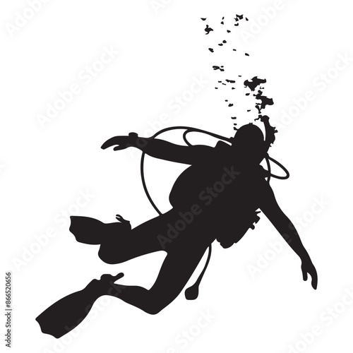 Diver black silhouette. Scuba diving silhouette vector on a white background