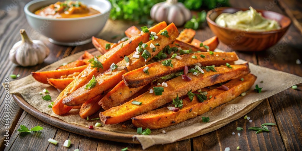 Plate of seasoned sweet potato fries with dip. Plate of seasoned sweet potato fries with dip.