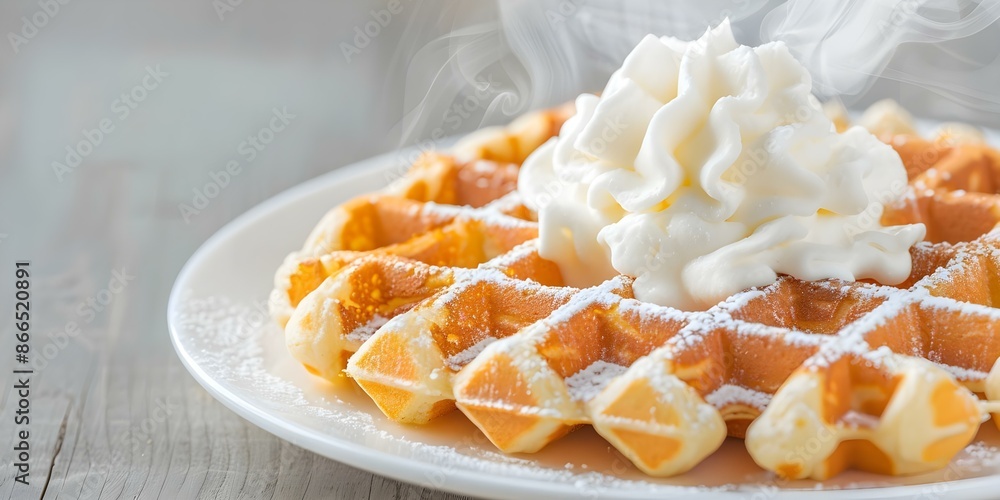 Close-up Shot of a Steamy Waffle Topped with Whipped Cream on a White Background. Concept Food Photography, Waffle, Whipped Cream, Close-up Shot, White Background Close-up Shot of a Steamy Waffle Topped with Whipped Cream on a White Background. Concept Food Photography, Waffle, Whipped Cream, Close-up Shot, White Background