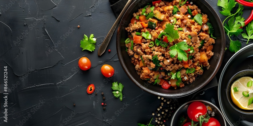 Overhead view of Mexican picadillo featuring ground beef, spices, and vegetables. Concept Ground Beef, Mexican Cuisine, Spices, Vegetables, Overhead View Overhead view of Mexican picadillo featuring ground beef, spices, and vegetables. Concept Ground Beef, Mexican Cuisine, Spices, Vegetables, Overhead View