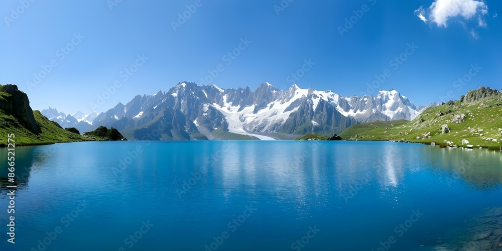 Naklejka premium Chesery Lake in French Alps with Monte Bianco mountains A Scenic View. Concept Travel, Nature, Photography, French Alps, Mountain Views,