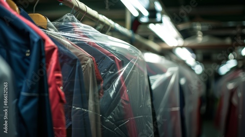 Rack of freshly dry-cleaned clothes covered in plastic at a dry cleaning facility under fluorescent lighting. photo