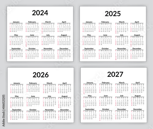2024, 2025, 2026 and 2027 calendar set. Week starts on Sunday. Simple calendar layout. Yearly diary. Minimal stationery template with 12 months, in English. Pocket or wall formats